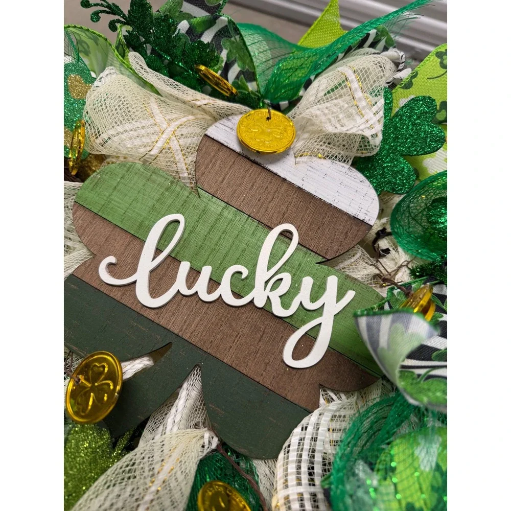 Handmade St Patricks Day Wreath Lucky Shamrock Deco Mesh Green Gold 18 Inch